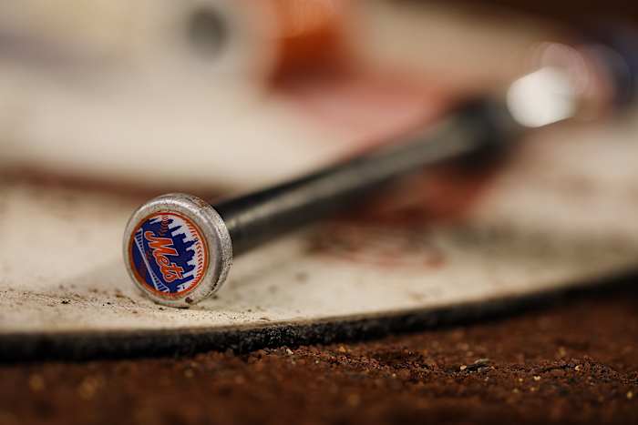 Mets Bat Logo May 11, 2022; Washington, District of Columbia, USA; A detailed view of the New York Mets logo on a bat during the game between the Washington Nationals and the New York Mets at Nationals Park. Mandatory Credit: Scott Taetsch-USA TODAY Sports
